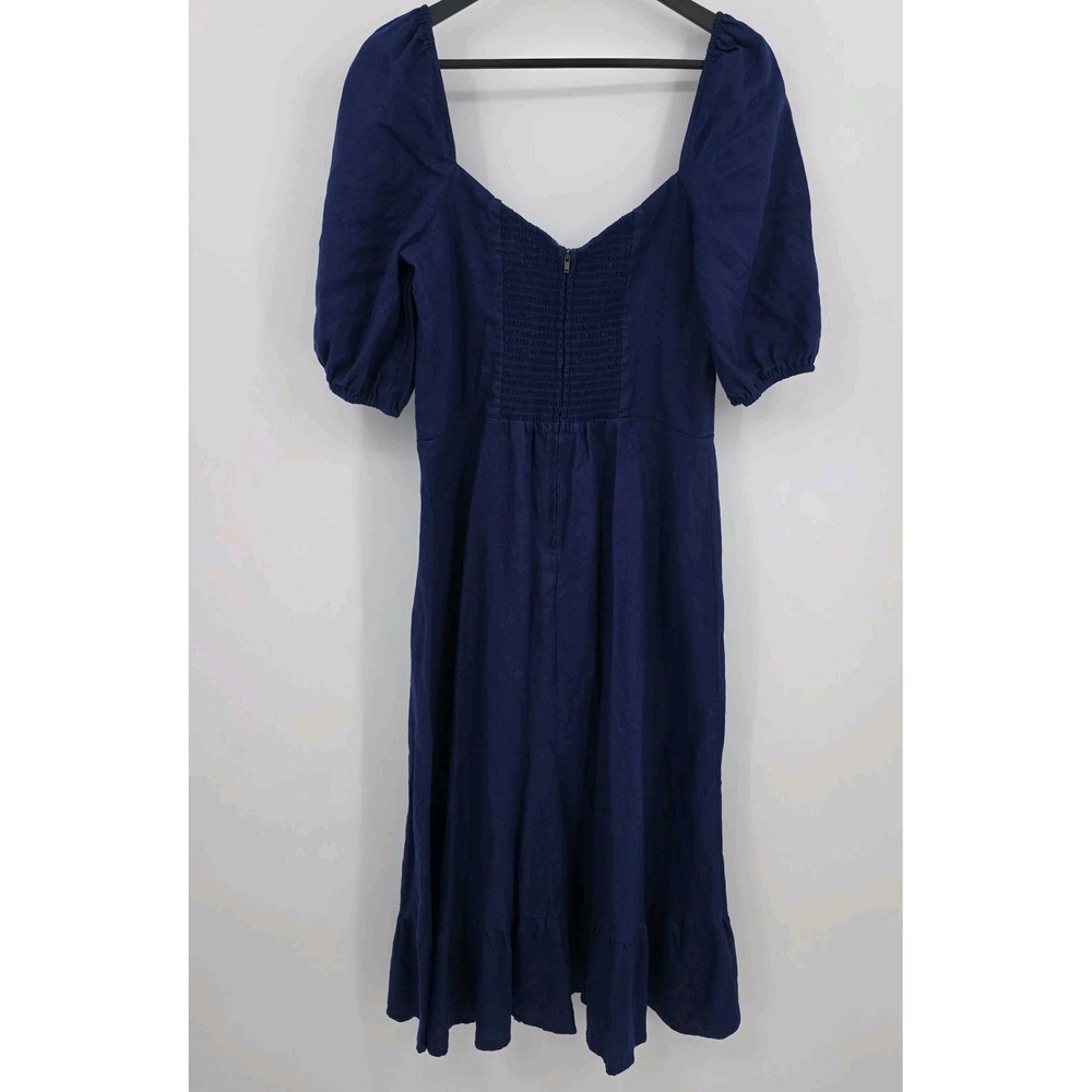 REFORMATION Belgium Linen Midi Dress Navy Blue Side Slit Puff Sleeve Sz 12 - Picture 5 of 16
